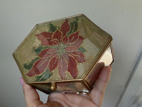 Vintage Christmas Poinsettia Trinket Box - Gold Metal Hexagon Glass Jewelry Box - Festive Holiday Decor - Glitter Floral Hinged Keepsake Box View 3