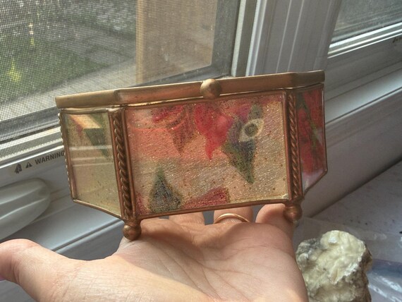Vintage Christmas Poinsettia Trinket Box - Gold Metal Hexagon Glass Jewelry Box - Festive Holiday Decor - Glitter Floral Hinged Keepsake Box