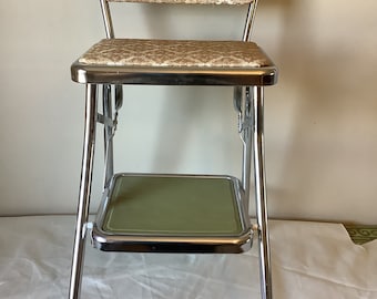 Vintage Chrome Kitchen Foldable Step Stool Chair - Floral Pattern Vinyl Upholstery in Browns - 1960s-70s - All Original Excellent Condition