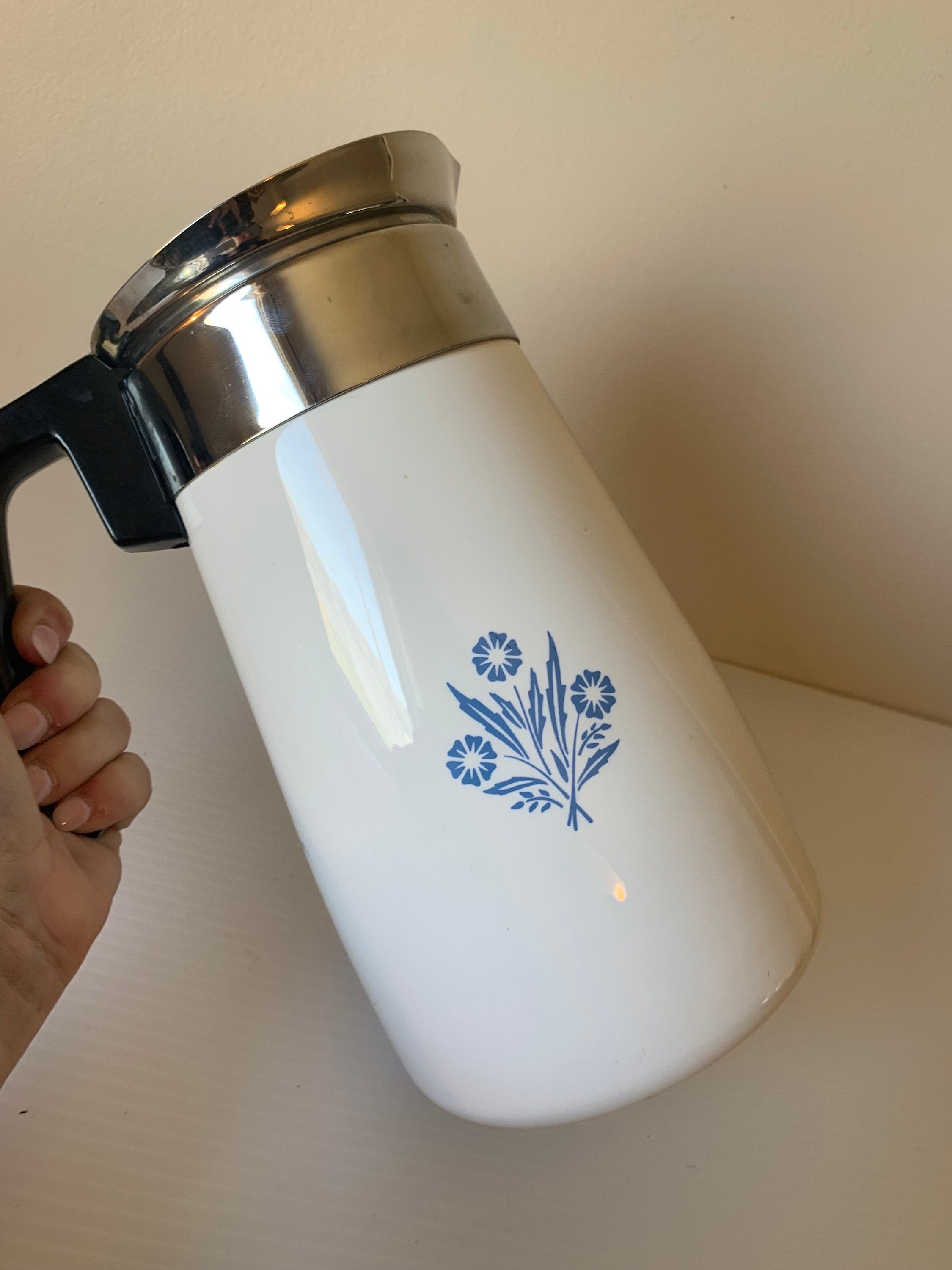 Discover the Nostalgia of the Vintage Corning Ware Blue Cornflower Stovetop  Percolator with Cup Capacity and Convenient Cup Measurements