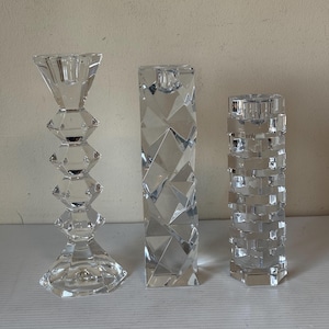 Geometric HEAVY Glass Candlestick Holders, Set of 3, 1980s Vintage Collection, Retro Glass Decor, Candle Holder Set