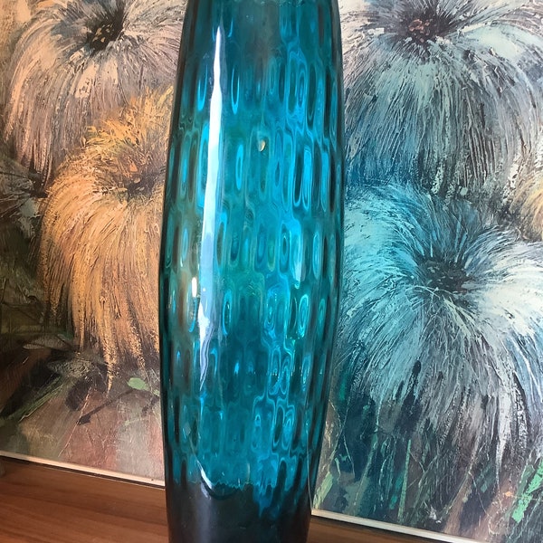 Huge Mid Century Tall Blue Textured Glass Vase