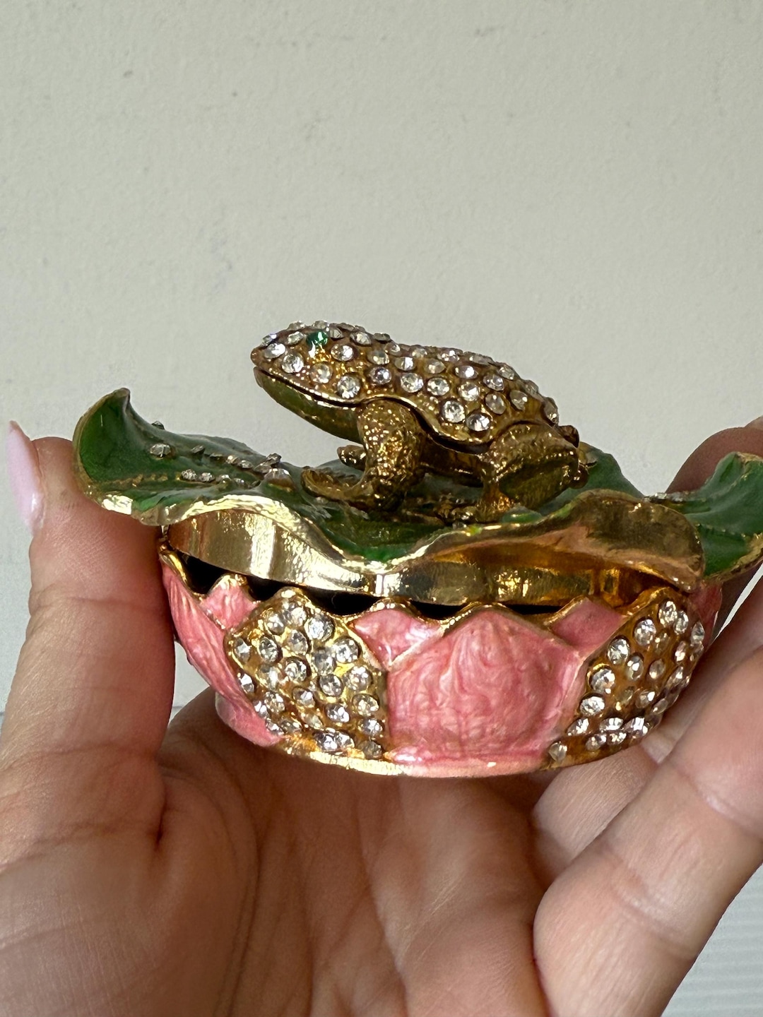 Vintage Jeweled Frog on Lily Pad Trinket Box, Lucky Charm Jewelry