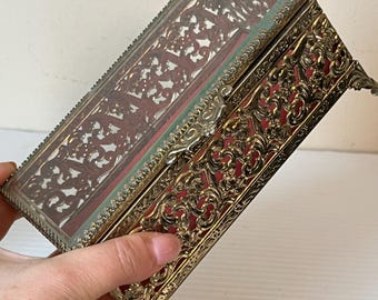 Vintage Brass Filigree Trinket Box, Red Velvet Lining
