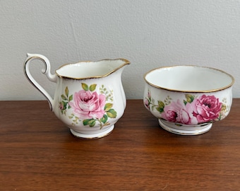 Vintage Royal Albert American Beauty Creamer and Sugar Bowl Set, Pink Rose English Bone China Cream Sugar Set, High Tea Party Decor Gift