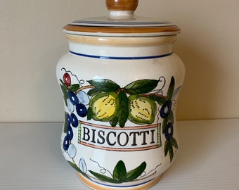 Tuscan Style Art Pottery: Vintage Ceramic Large Biscotti Jar decorated with Lemons & Olives Jar