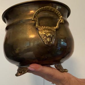 Puede incluir: Una maceta de latón pulido con cuerpo redondeado y boca ancha. La pieza cuenta con dos asas decorativas en forma de cabeza de león con anilla y se apoya sobre tres pequeñas patas en forma de garra. La superficie metálica tiene un acabado cálido.