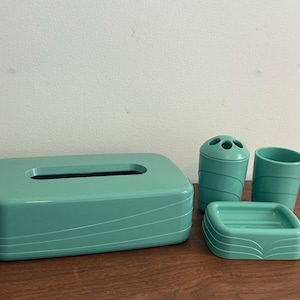 Vintage Mid Century Plastic Bathroom Set | Retro Turquoise Aqua Vanity Accessories | MCM Molded Tissue Box Cover Toothbrush Holder Soap Dish