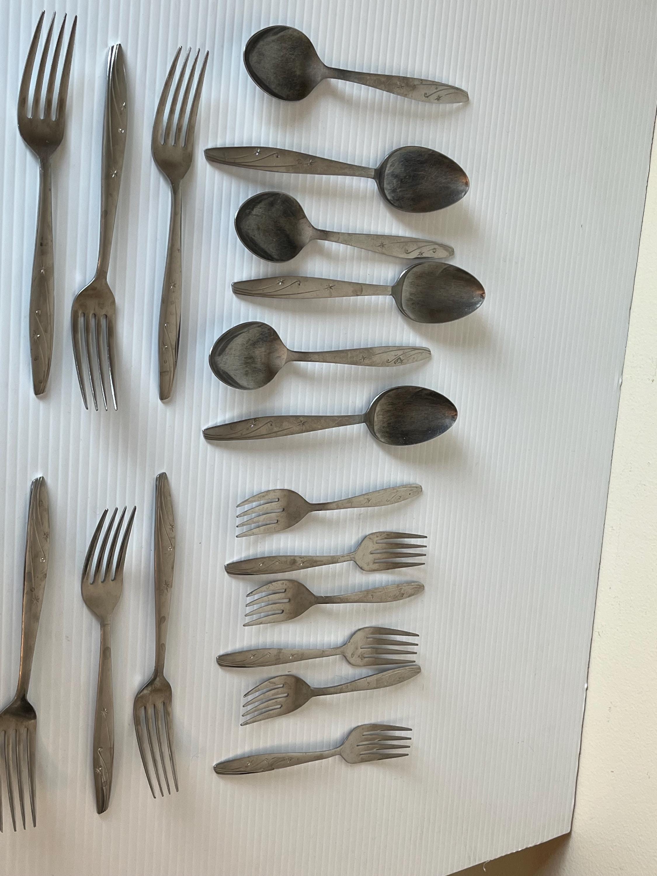 Vintage Twin Star Stainless Flatware Set, MCM Atomic Starburst