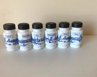 Vintage German Milk Glass Spice Shakers Set, Blue Decor, Kitchen Storage