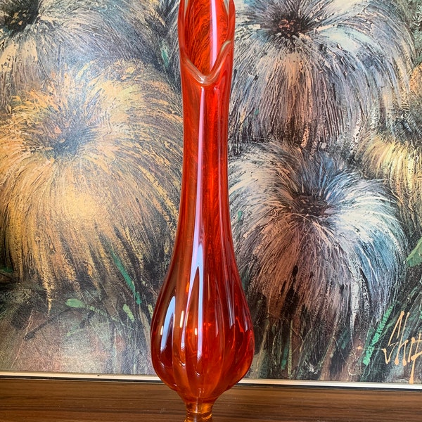 Vintage Viking Mid Century Modern Orange Red Fire 17" Tall Swung Art Glass Bud Vase