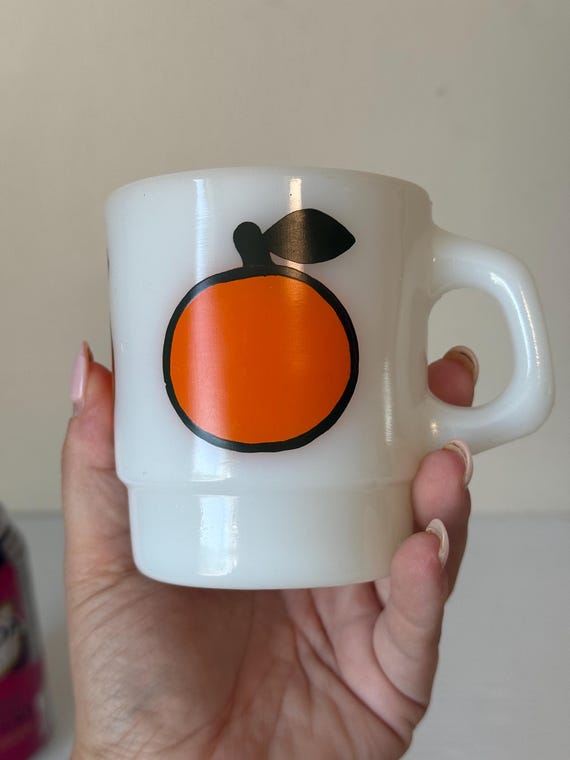 Vintage Fire-king Milk Glass Stacking Mugs Orange Lemon Fruit