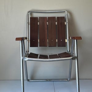 Vintage Redwood Folding Chair, 50s 60s Outdoor Camping Seat, Aluminum Portable Seat, Mid Century Garden Chair