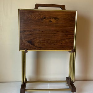 Stylish Vintage TV Tray Tables with Faux Wood  Design - Complete Set of 4 with Stand