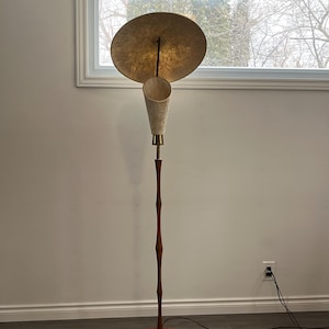 Fiberglass Shade Atomic Teak Floor Lamp, 50s Vintage Decor, Mid Century Modern Lighting, Retro UFO Lamp