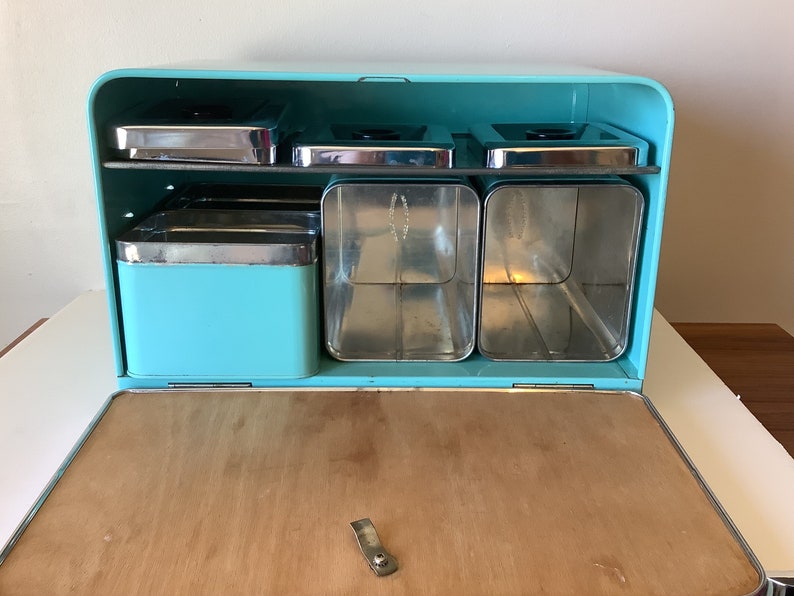 Vintage Turquoise Canister Set Including Breadbox, MCM Robin Egg Blue