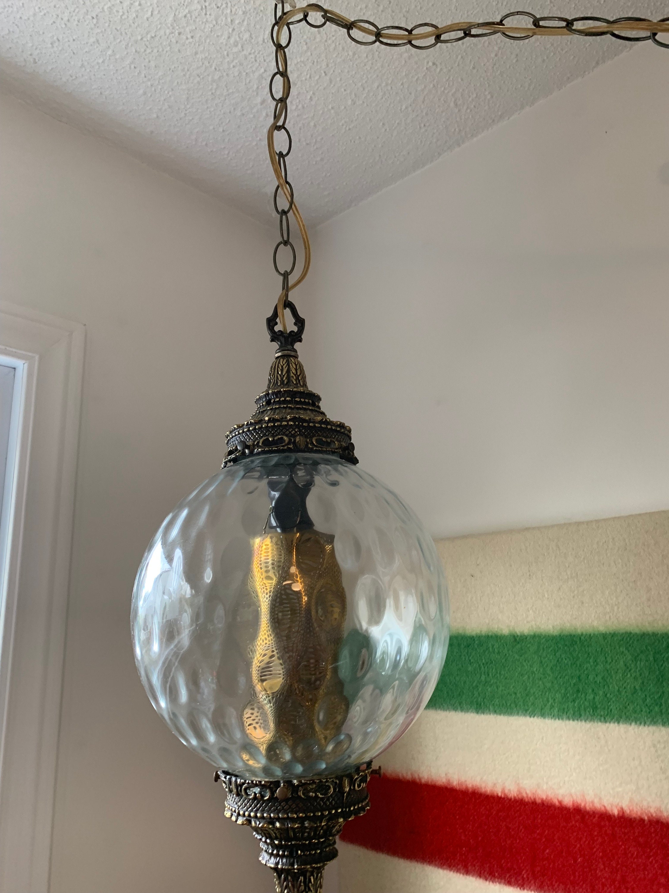 Vintage Clear Glass Hanging Swag Lamp, Retro Swag Lamp, Mid Century