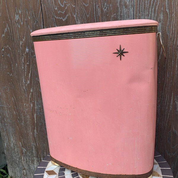 Atomic Pink Laundry Hamper Clothes Hamper Vintage MCM Home Decor Storage ** small dents front**