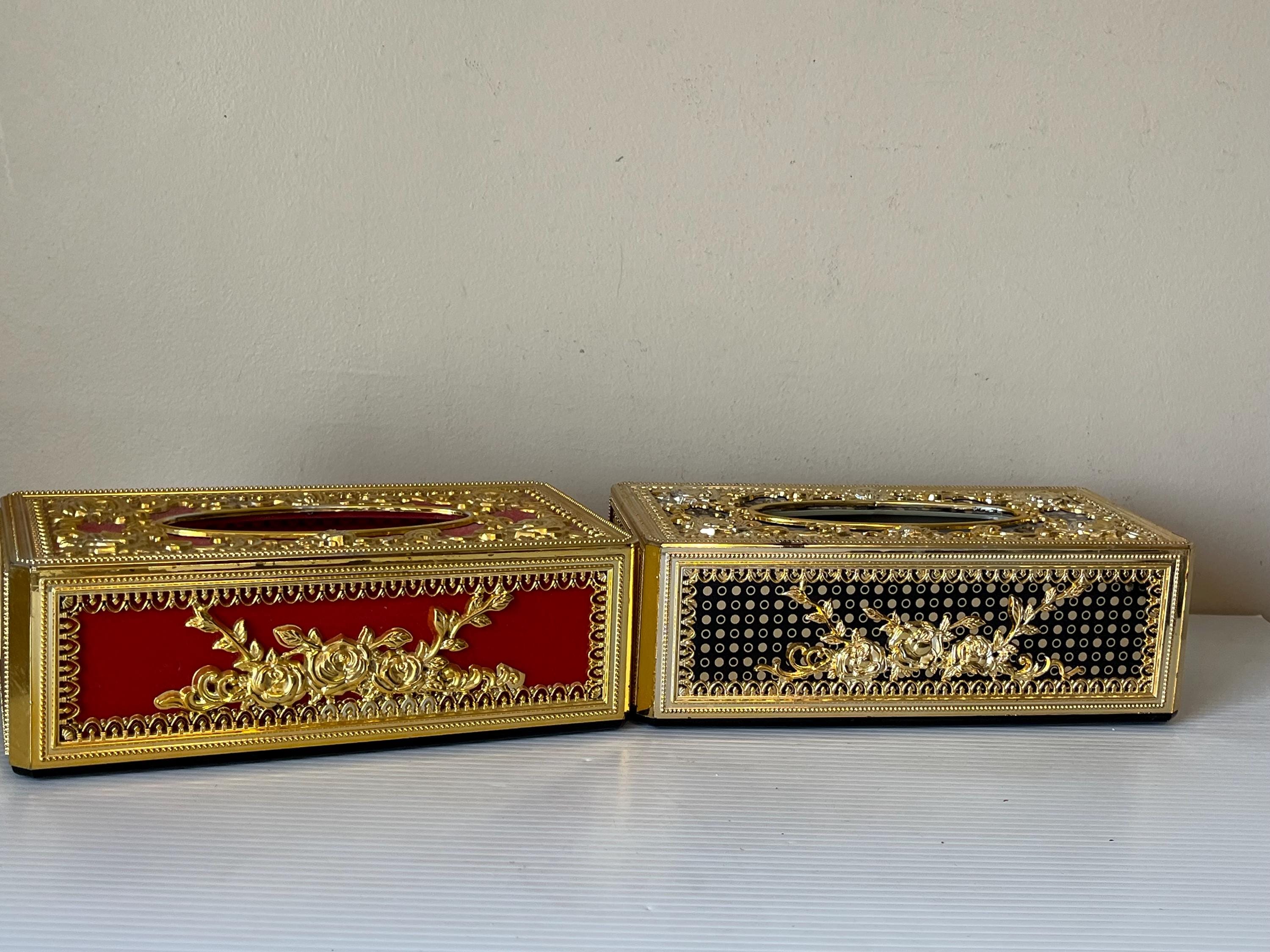 Pair Vintage Hollywood Regency Tissue Box Cover Plastic Gold Floral Velvet, Ornate Gold Floral Tissue Holder