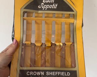 Juego de cuchillos para carne Vintage Crown Sheffield, cubiertos retro Bon Appetit de estilo moderno de mediados de siglo, cubiertos de acero inoxidable, juego de 6