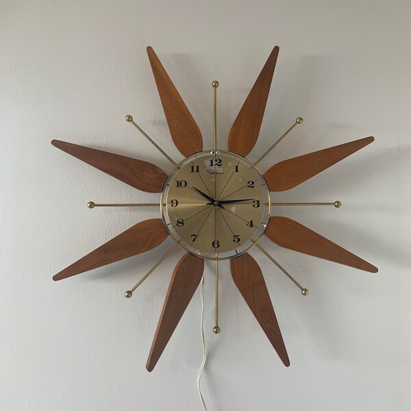 Mid Century Teak Starburst Clock, Vintage Starburst Clock, MCM decor, clock, CottageCore