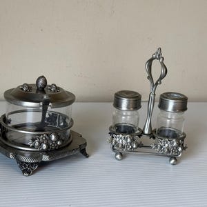 Può includere: Un set di condimenti vintage color argento con un barattolo con coperchio e cucchiaio e un set di saliera e pepiera. Entrambi hanno contenitori in vetro trasparente e decorazioni floreali.