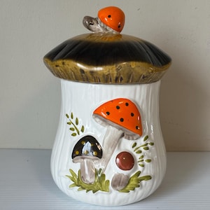 Merry Mushroom Vintage Canister Large, Retro Kitchen Storage, Mushroom Collectable, Collectible Canister, 1970s Kitchen Decor