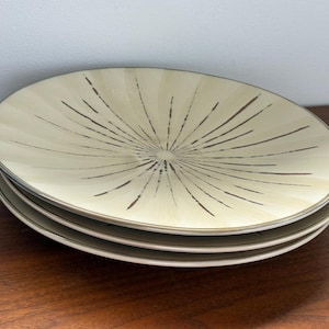 Set of 4 Vintage Pier 1 Sanctuary Dinner Plates - Discontinued Stoneware Dinnerware - Cream & Brown Starburst Pattern - Mid Century Modern S