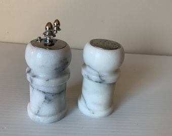 Vintage White Marble Salt Shaker and Pepper Mill with Gray Veining - Timeless Elegance for Your Table