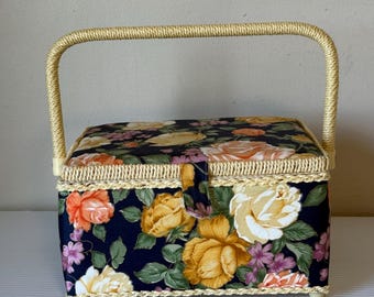 Vintage Small Sewing Basket, Woven Wicker Design, Floral Pattern, Handle, Sewing Storage