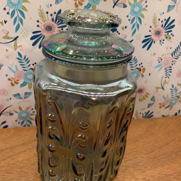 Vintage Imperial Atterbury Scroll Carnival Glass Apothecary Jar Canister w/ Lid