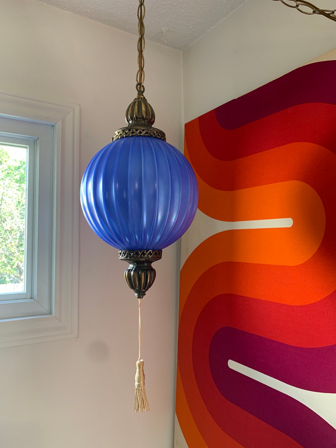 Vintage Blue Glass Hanging Swag Lamp Retro Swag Lamp Mid Etsy