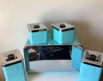 Vintage Turquoise Canister Set including Breadbox, MCM Robin Egg Blue Kitchen Canisters,  1950's Kitchen