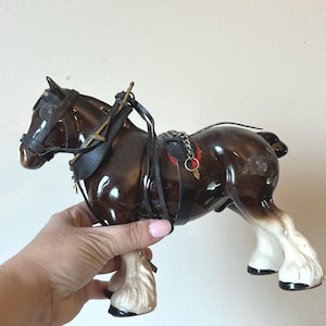Vintage Mid Century Brown Ceramic Harnessed Horse Statue, Collectible Figurine, Equestrian Decor