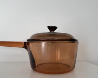 Vintage Corning Visions Amber Glass Saucepan with Lid, 1980s Retro Vision Ware Pot, Transparent Pyroceram Stove-to-Table Cookware, 1L