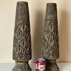 Pair Large Vintage Tiki Style Vases, Ceramic Paper Vase, Home Decor, Boho Vase, Unique Gift, Vintage Home Accent