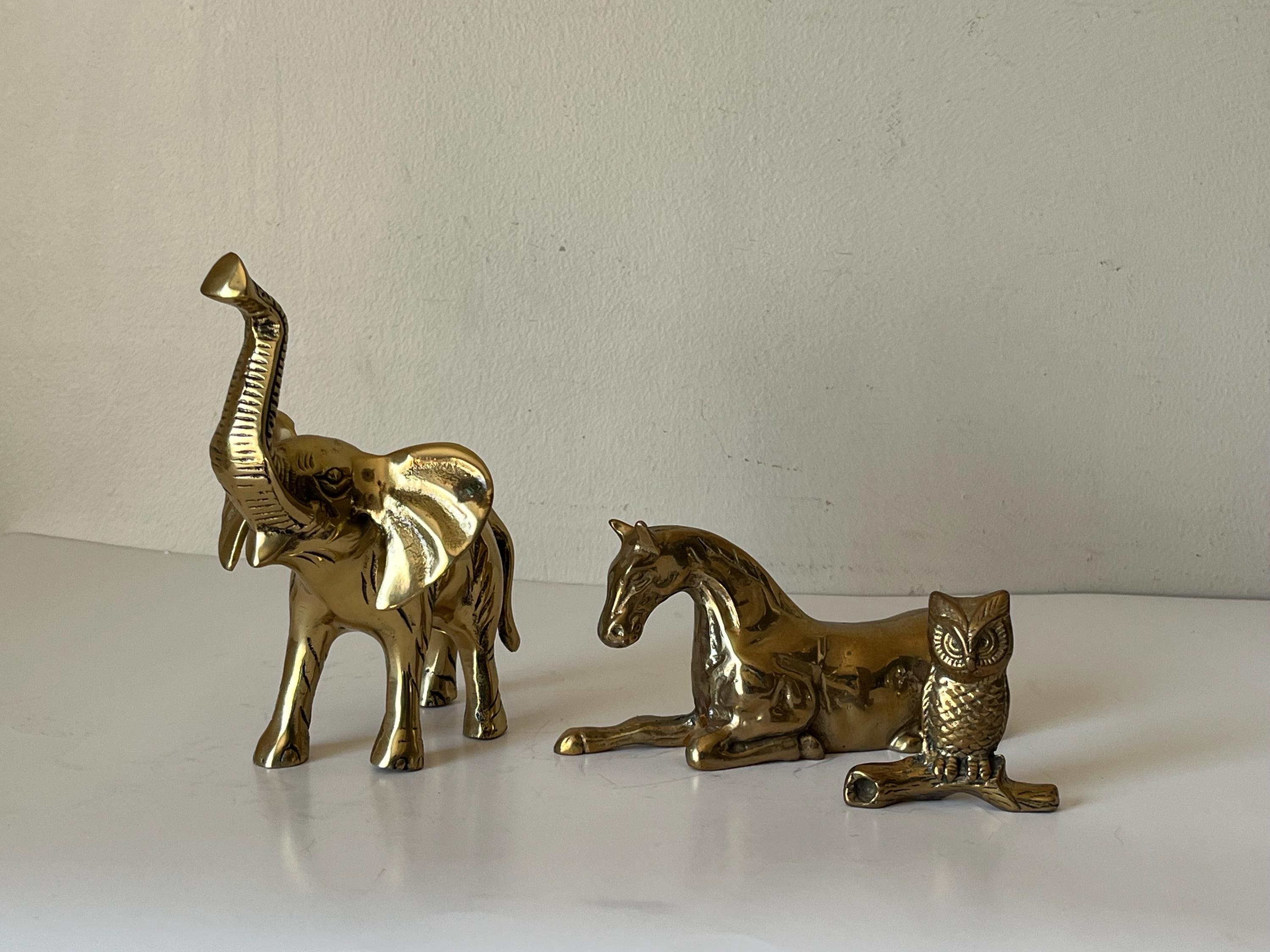 Home Decor Animal Figurines, Brass Elephant Horse Owl Miniatures, Collectible Vintage Statues, Gift 