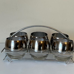 Vintage Roly Poly Glasses with Chrome Caddy, Silver Ombre, Barware Gift Set, Mid Century Glassware