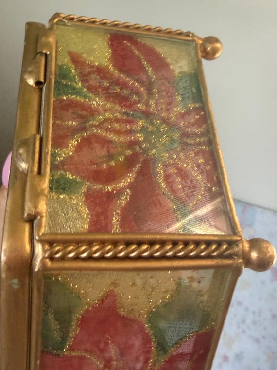 Vintage Christmas Poinsettia Trinket Box - Gold Metal Hexagon Glass Jewelry Box - Festive Holiday Decor - Glitter Floral Hinged Keepsake Box View 5