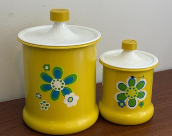 Vintage 70's Aluminum Kromex Yellow Food Canisters Hippy Flowers