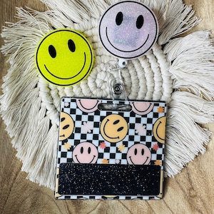 Retro smiley badge buddy | Glitter Badge Buddy | Gifts for Her | Custom Badge Buddy | ID Badge | Badge Identifier