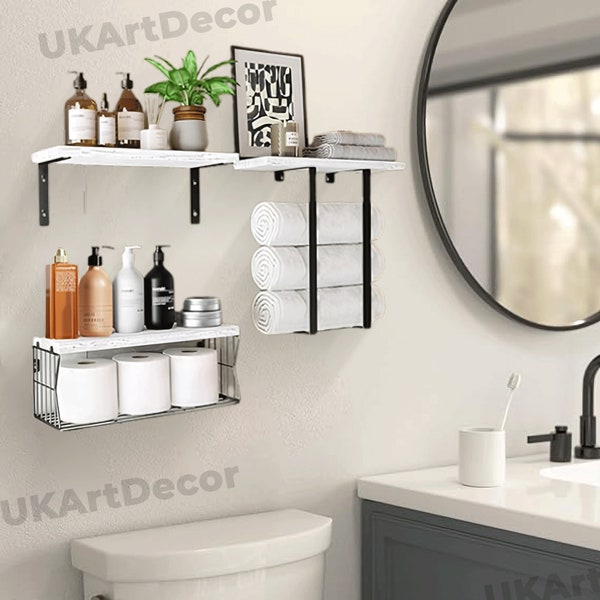 Handmade Set of 3 Wooden Floating Shelves with Towel Rack | Bathroom Shelves | Corner Shelves | Wall Shelves | Bathroom Organizer