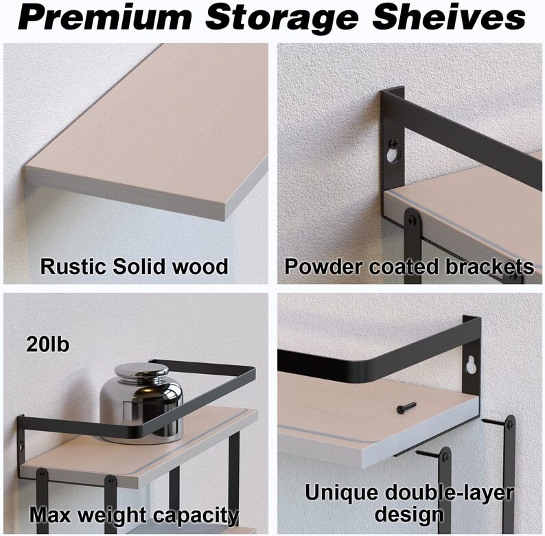 Set of 2 Rustic Wood Wall Mounted Floating Shelves Bathroom Shelf