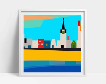 Printable Bauhaus Style Art, Small Beach City Skyline in Summer