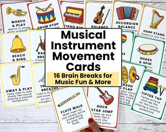 Musical Instrument Movement Cards for Kids | Music Brain Breaks | Kindergarten Preschool Activities