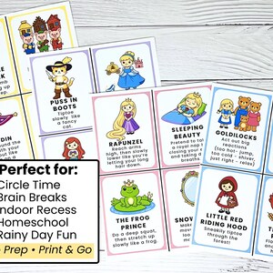 May include: Colorful flashcards featuring fairy tale characters like Jack and the Beanstalk, Puss in Boots, and Sleeping Beauty. Each card has an illustration and instructions for an activity. The cards are designed for circle time, brain breaks, and indoor recess.