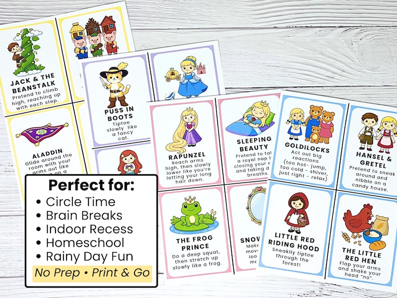 May include: Colorful flashcards featuring fairy tale characters like Jack and the Beanstalk, Puss in Boots, and Sleeping Beauty. Each card has an illustration and instructions for an activity. The cards are designed for circle time, brain breaks, and indoor recess.