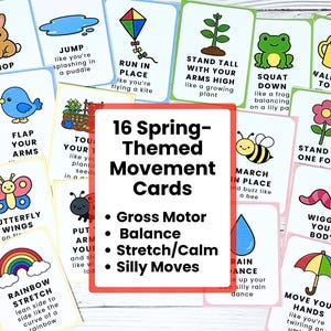 May include: A set of 16 spring-themed movement cards with colorful illustrations and instructions. The cards feature activities like hopping, flapping arms, and stretching, promoting gross motor skills and balance.