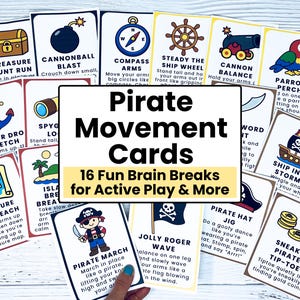 Op de afbeelding: Een verzameling ge&iuml;llustreerde piratenthema bewegingskaarten. Elke kaart toont een andere activiteit, zoals "Treasure Hunt Run" en "Pirate March". De kaarten zijn ontworpen voor actief spelen en brain breaks, met de titel "Pirate Movement Cards".