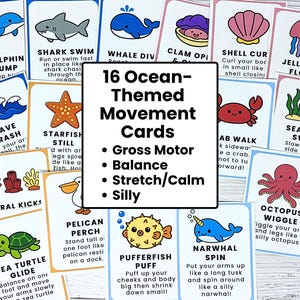 May include: A collection of 16 ocean-themed movement cards. Each card features a colorful illustration of a sea creature and a corresponding movement activity. The cards are designed for gross motor skills, balance, stretching, and silly activities.